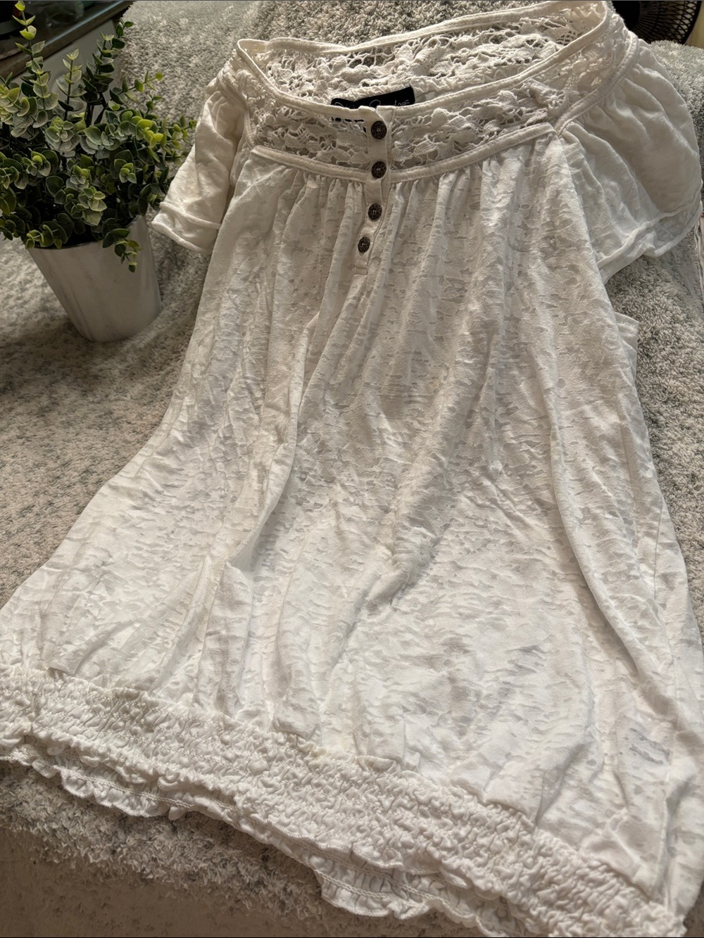French Laundry White Lace Yoke Boho Peasant Top Plus 3X Cotton Blend RS